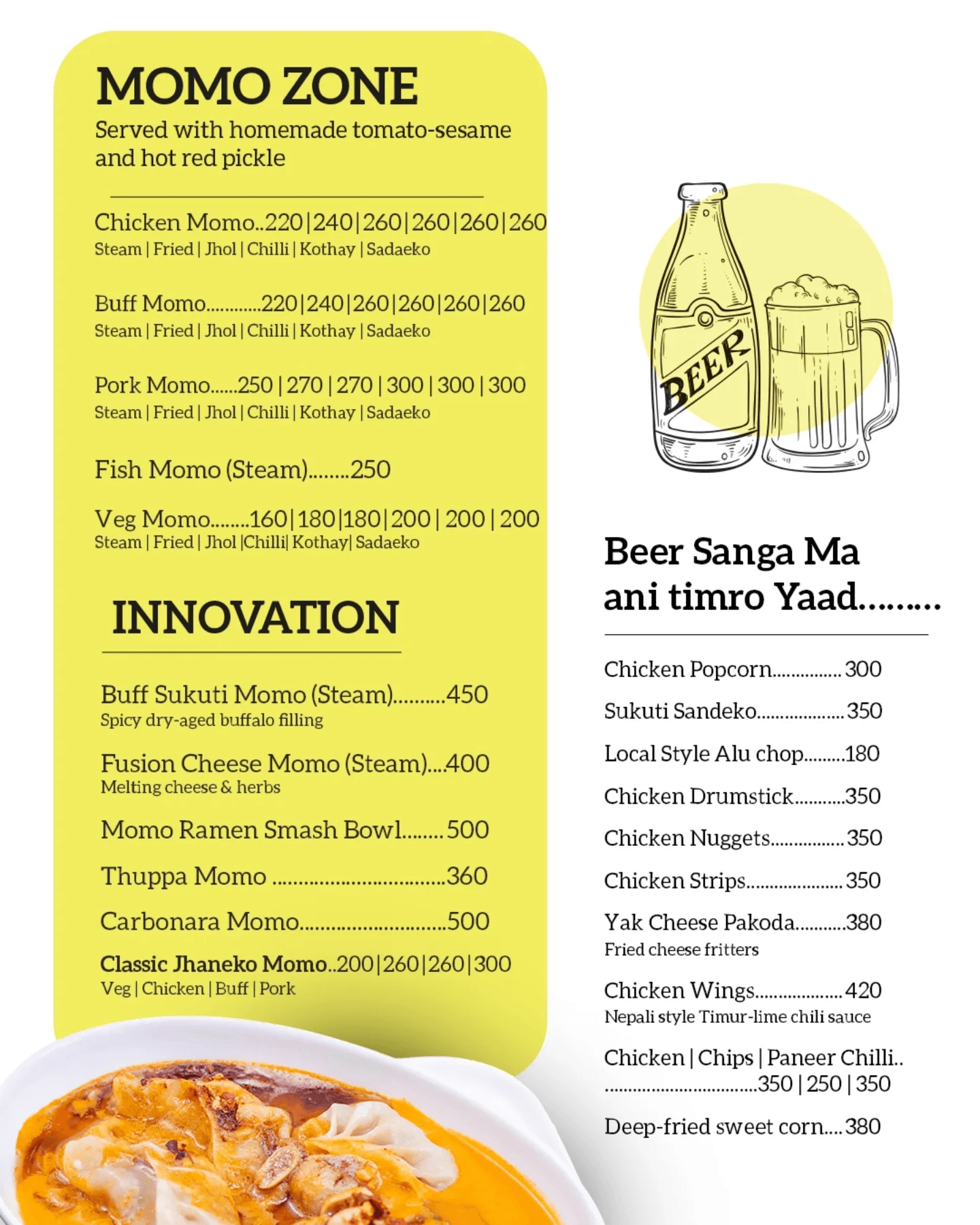 Eat Momo printed menu — Momo & snacks