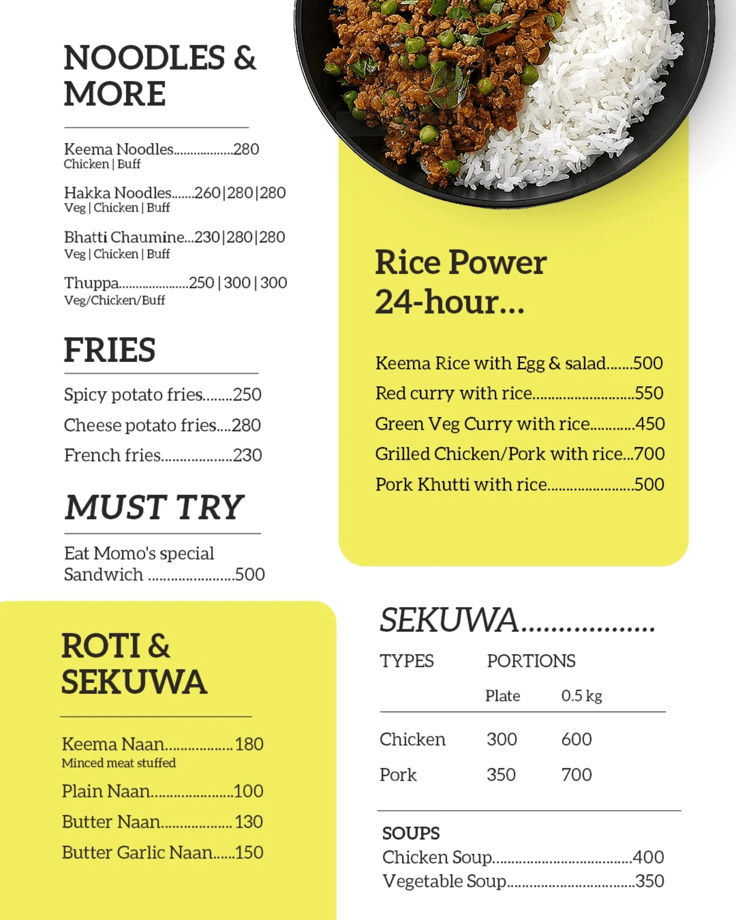 Eat Momo printed menu — Noodles, rice & sekuwa